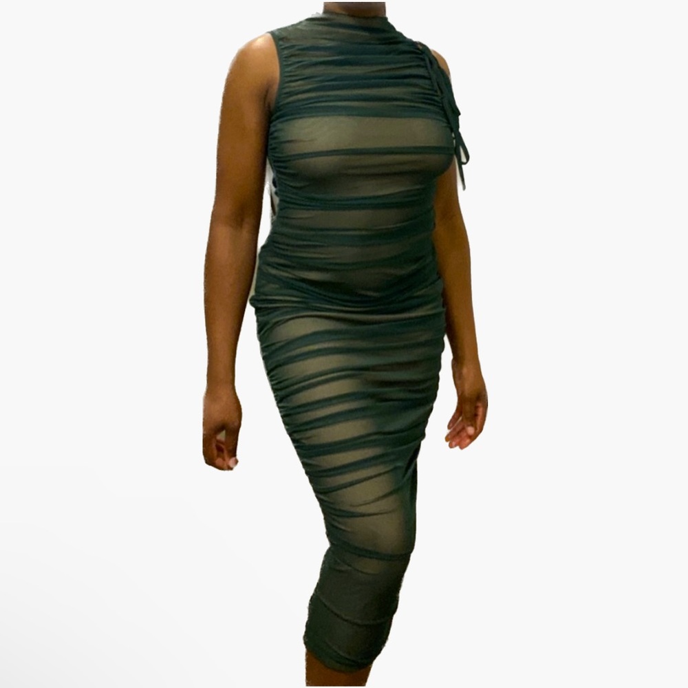 *NEVER WORN Mesh Ruched High Neck Midi Dress